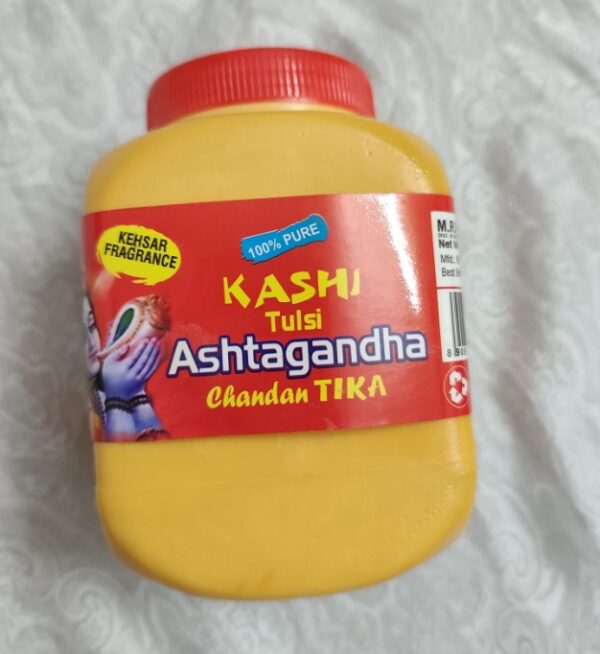 Asthgandh tika Asthgandh is a sacred, aromatic herbal paste traditionally used in Hindu rituals and spiritual practices. Made from a powerful blend of eight holy natural ingredients—including sandalwood (chandan), saffron (kesar), camphor (kapoor), and other Ayurvedic herbs—Asthgandh is applied during tilak, deity worship, and spiritual ceremonies to invoke divine blessings, purity, and mental clarity.